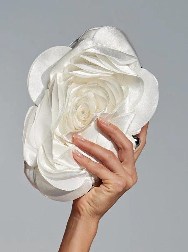 Luna - White Flower Satin Clutch - Lena Muse